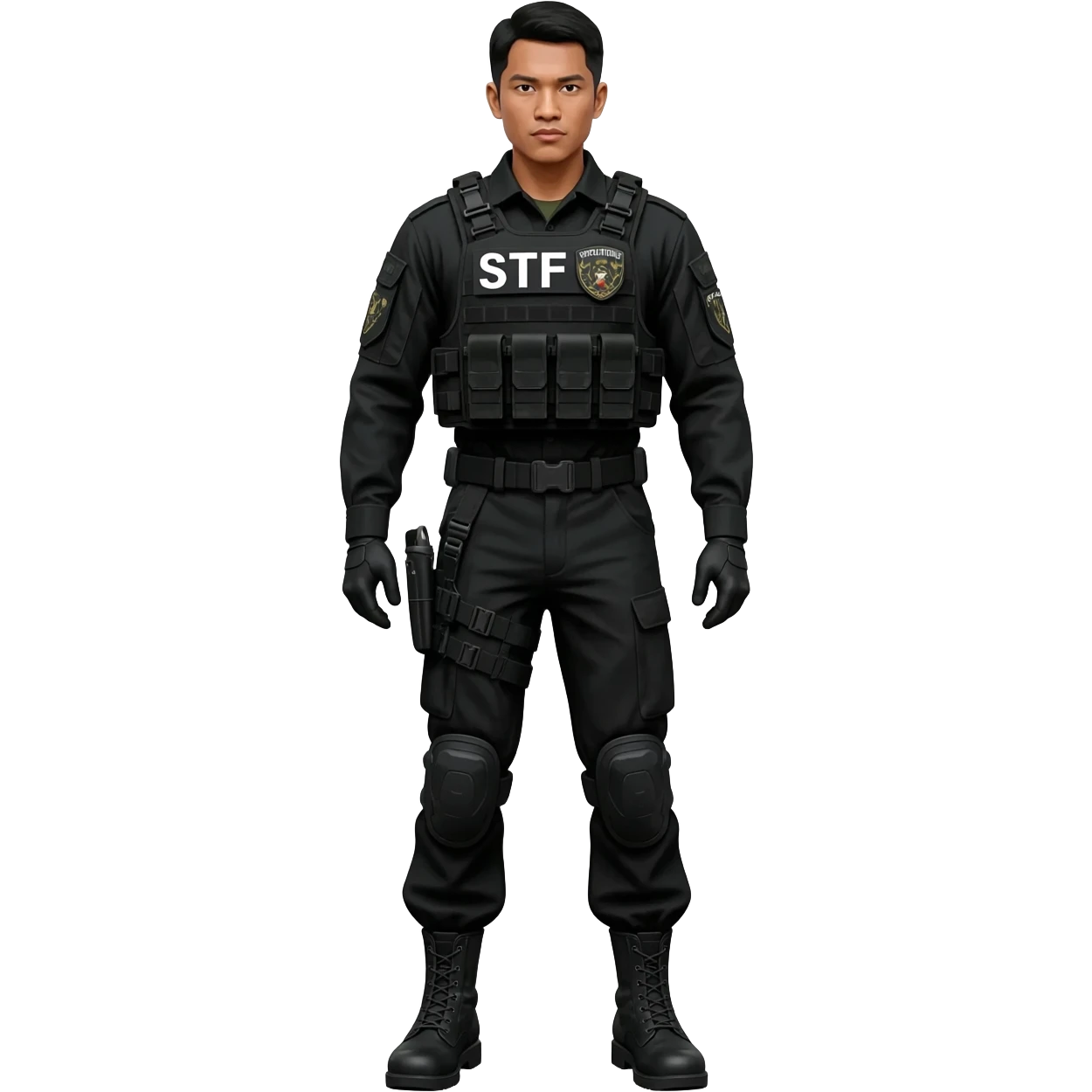Filipino man STF SPECIAL TACTICS FORCE OUTFIT BLACK FATIGUE AND COMBAT BOOTS PLATE CARRIER AND HOLSTER emoji