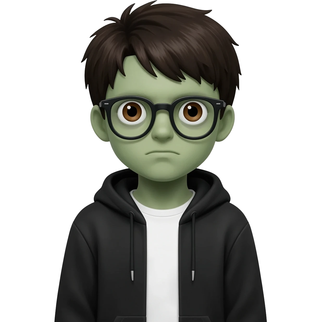 zombie boy with white tshirt and black brownish hair and with black glasses frames on hair is texturized young boy and round face more green face and dark brown eyes black thick cotton y2k hoodie with the white t-shirt under it hood of hoodie is standing up a slight bit and no ties on hoodie emoji
