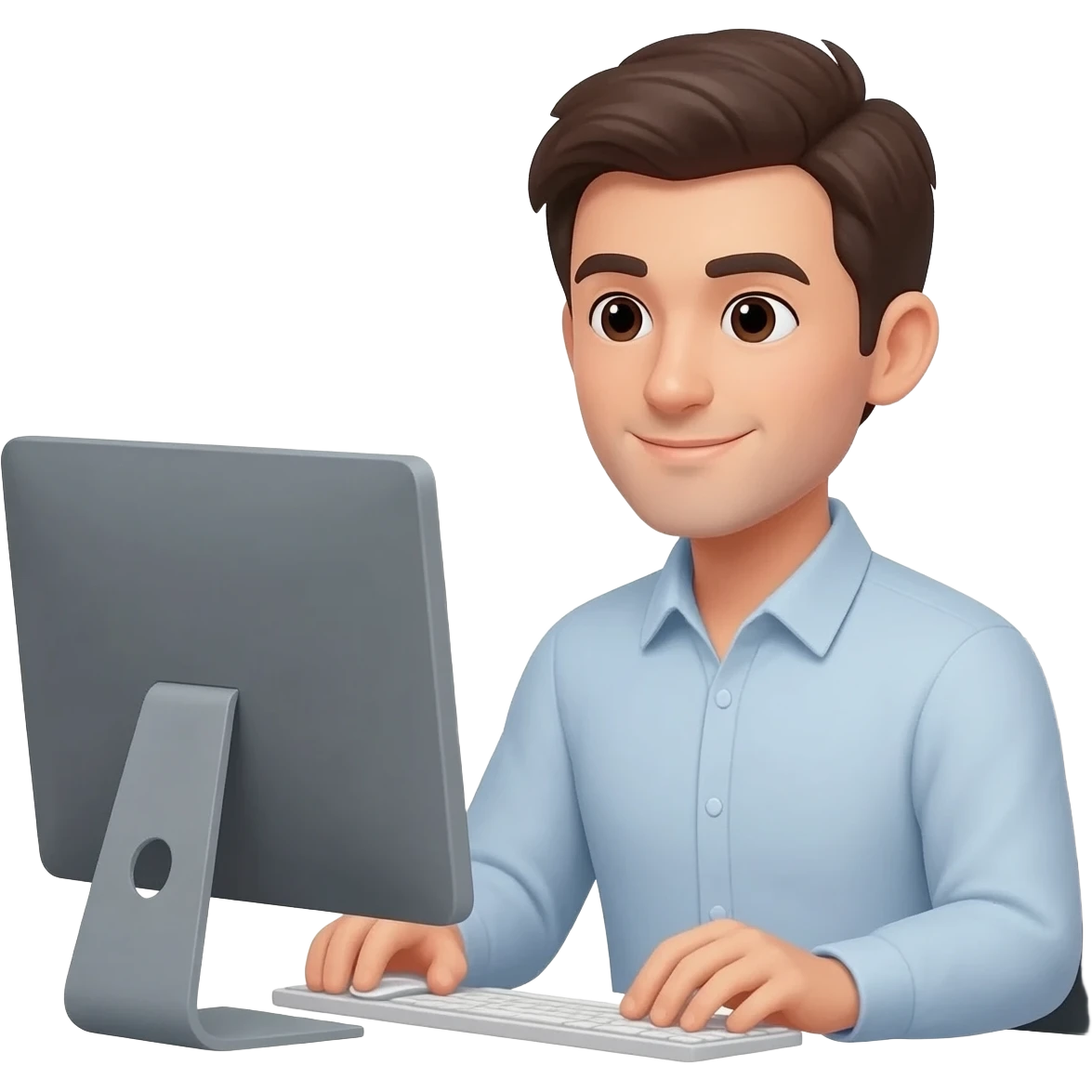 Hombre camisa manga larga en escritorio con pc sin taza de cafe emoji