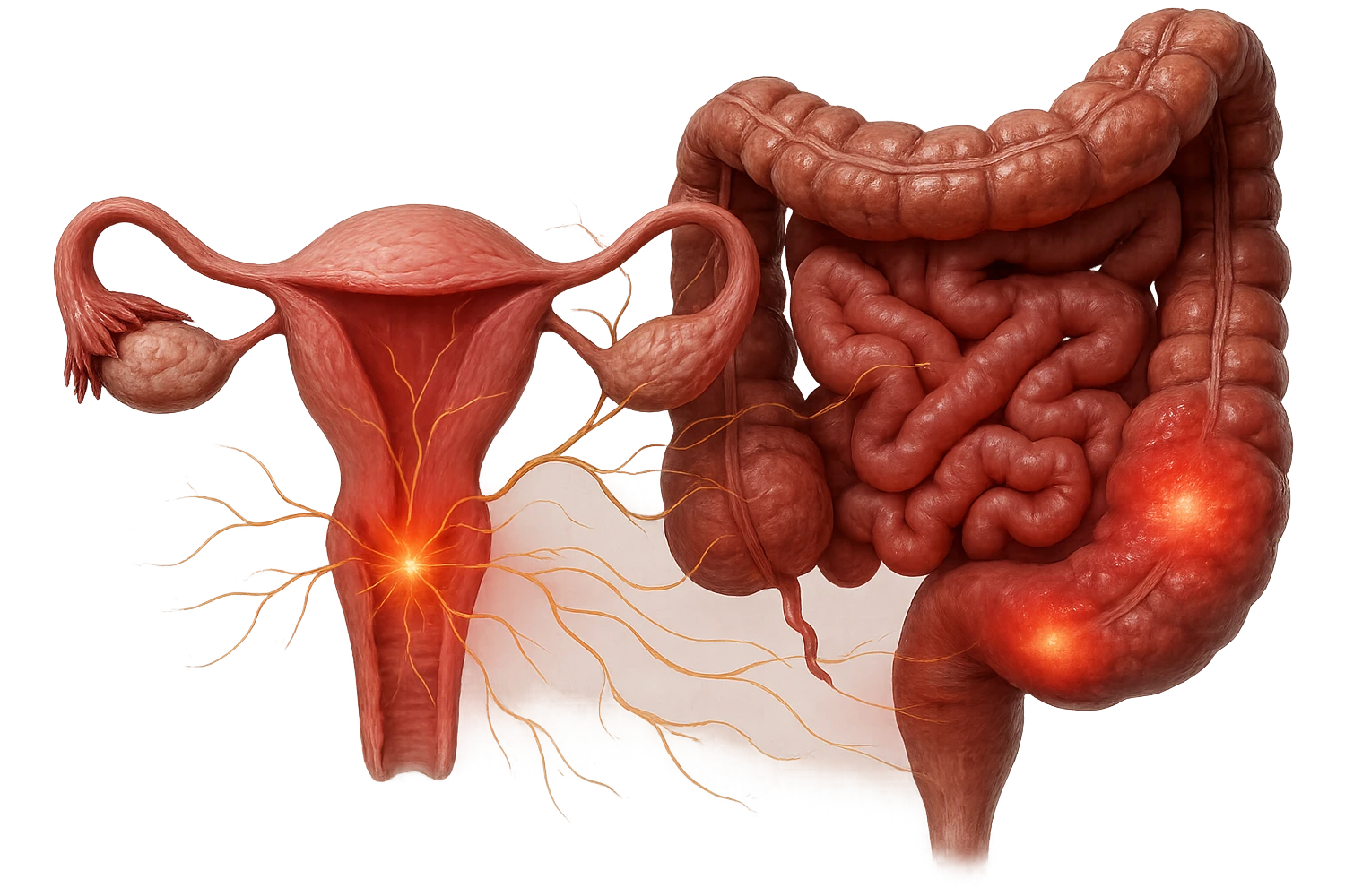 utero umano anatomico iperrealistico e intestino umano anatomico iperrealistico hanno in comune il dolore e l'infiammazione, rendi bene il collegamento tra i due organi doloranti, falla iperrealistica, non disegnata emoji