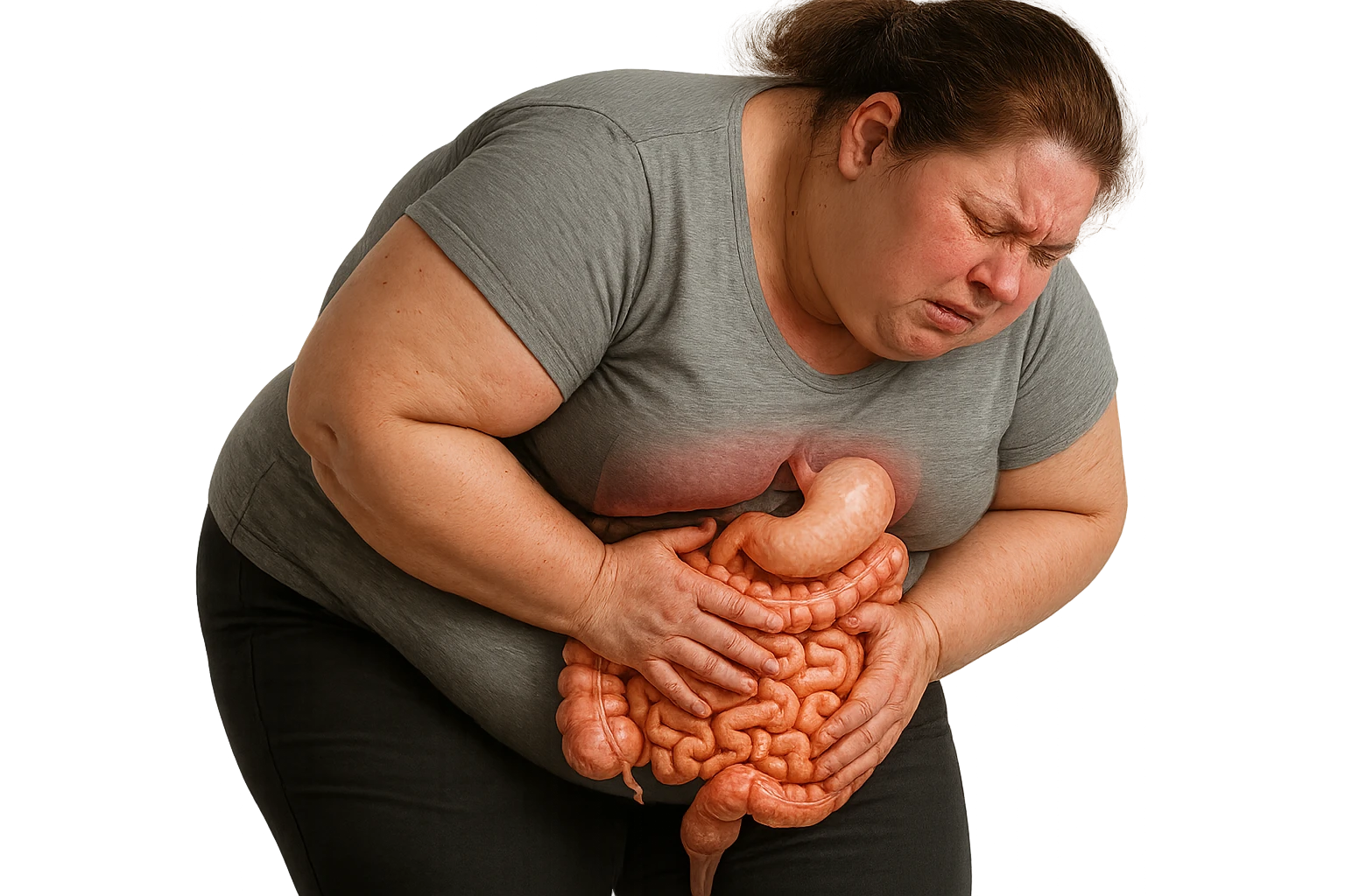 DONNA OBESA PIEGATA IN AVANTI CON INTESTINO ANATOMICO IN EVIDENZA, MAL DI PANCIA iperrealistico 4k emoji