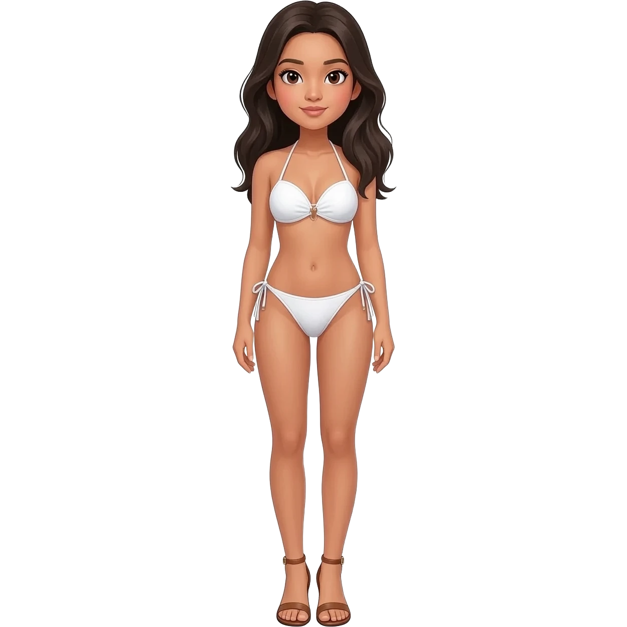 Filipino girl white push up bikini string full body slim stand straight with high heels sandals brown emoji