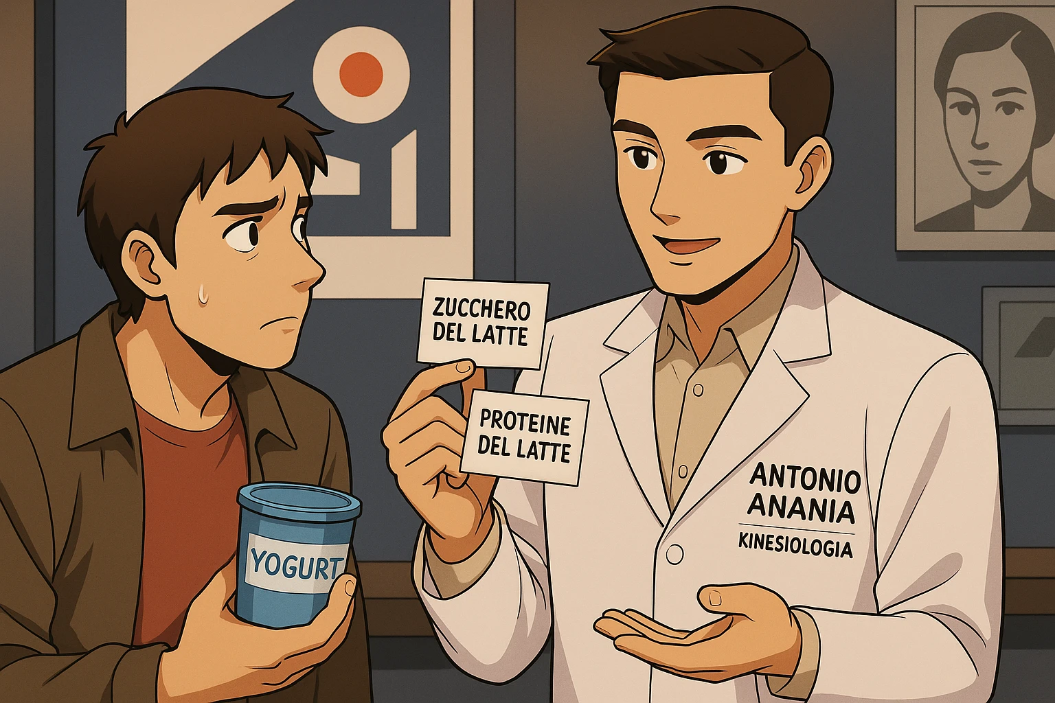 fai un webtoon manga a colori con questo stile, in cui un uomo ASCOLTA Il kinesiologo con il camice bianco (fagli anche la scritta "ANTONIO ANANIA" SUL CAMICE, IL KINESIOLOGO SPIEGA ALL'UOMO UNA COSA TENENDO DUE FOGLIETTINI IN MANO, UNO CON LA SCRITTA "ZUCCHERO DEL LATTE" E UNA CON LA SCRITTA "PROTEINE DEL LATTE". L'UOMO OSSERVA LO YOGURT CHE HA IN MANO CON ESPRESSIONE DUBBIOSA IN VOLTO. non fare i fumetti però, fai solo in modo che sembri stiano parlando emoji