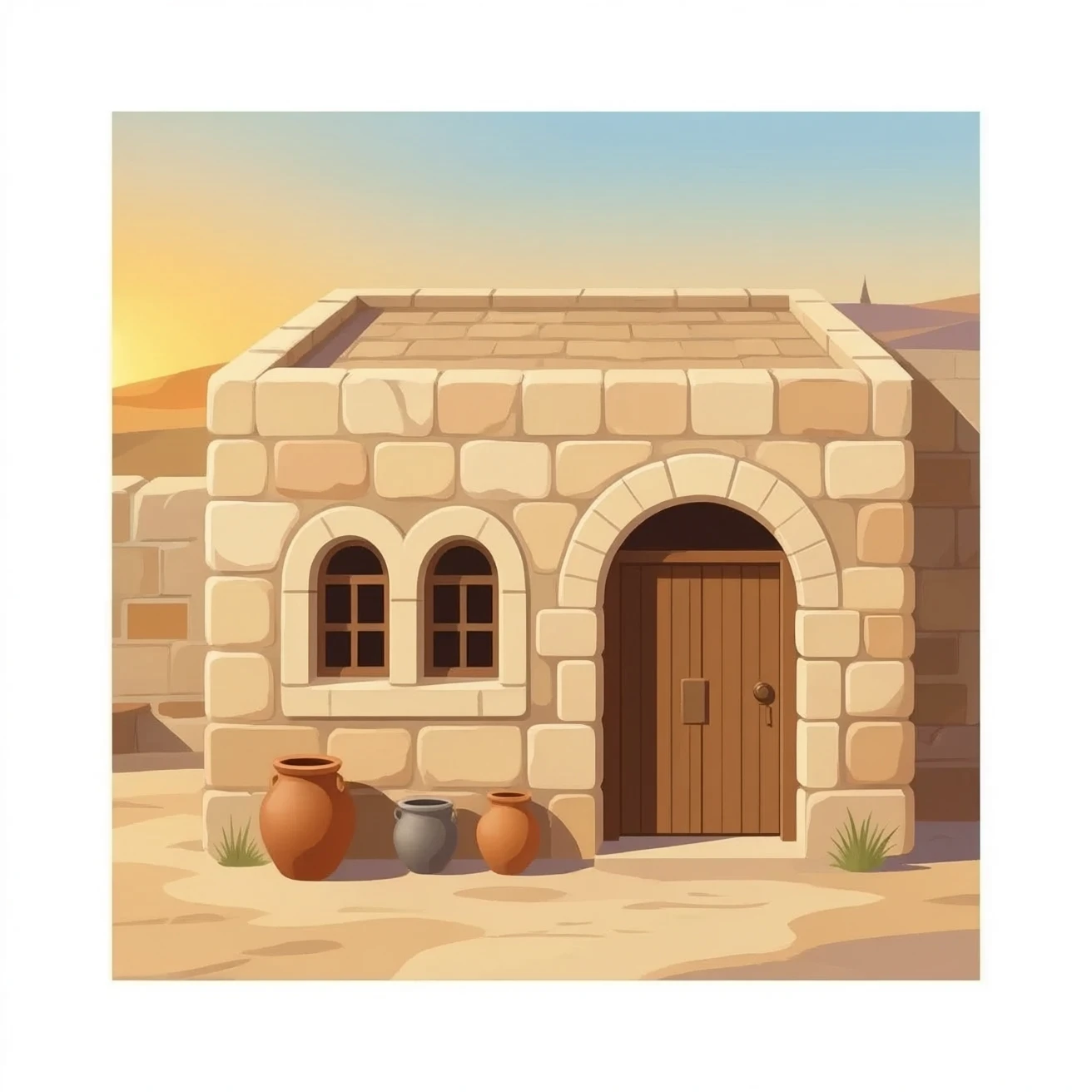 ancient Judean house from biblical times, old Jerusalem architecture, stone house with flat roof, small arched windows, beige and sand colors, clay pots near entrance, simple wooden door, warm sunset lighting, detailed but cute emoji style, centered composition, emoji art, high quality emoji