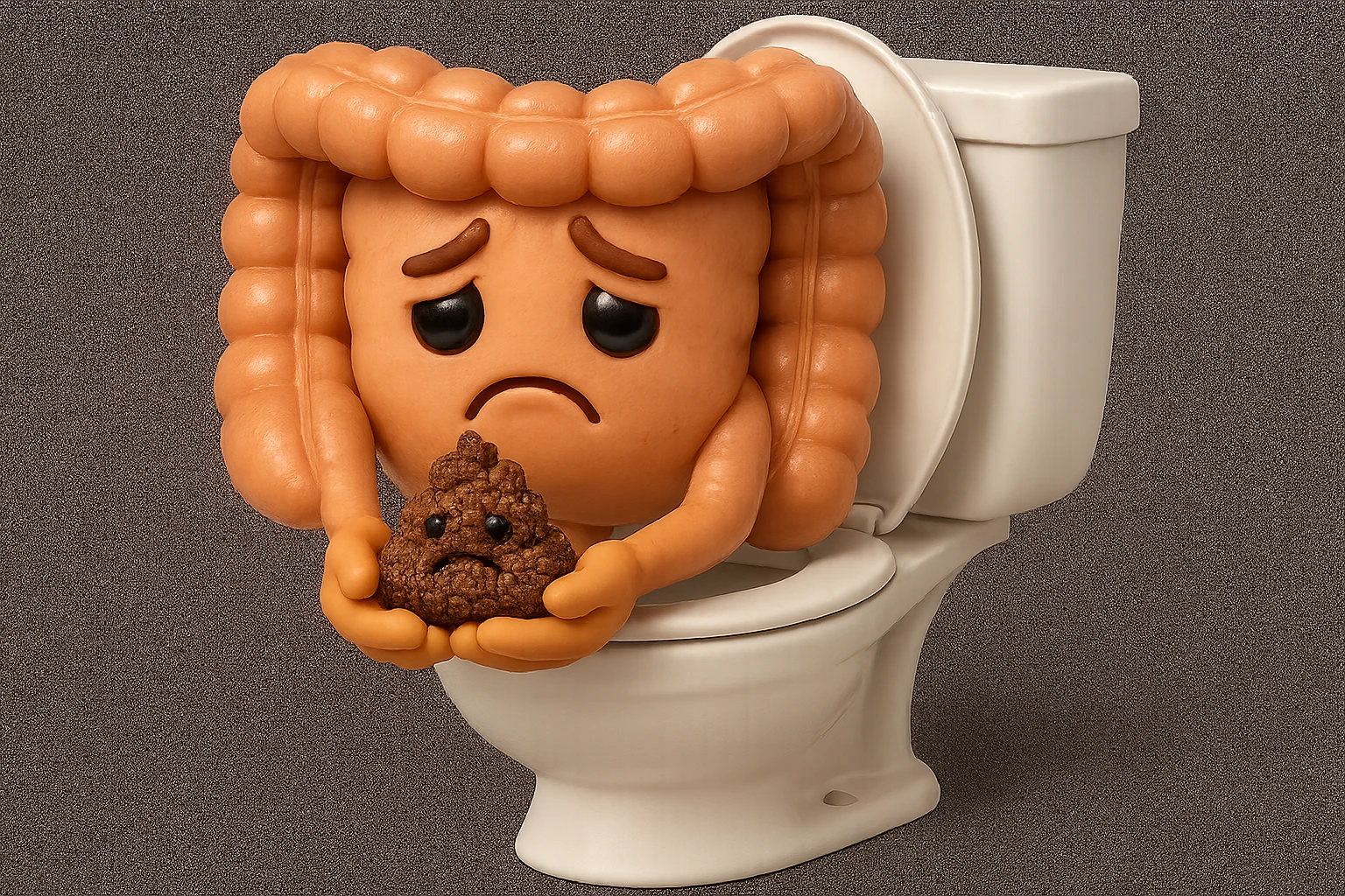 emoji stile iphone di un intestino realistico 3d che esce dal wc con in mano una montagnetta di feci con espressione triste a palline, iperrealistico 4k emoji