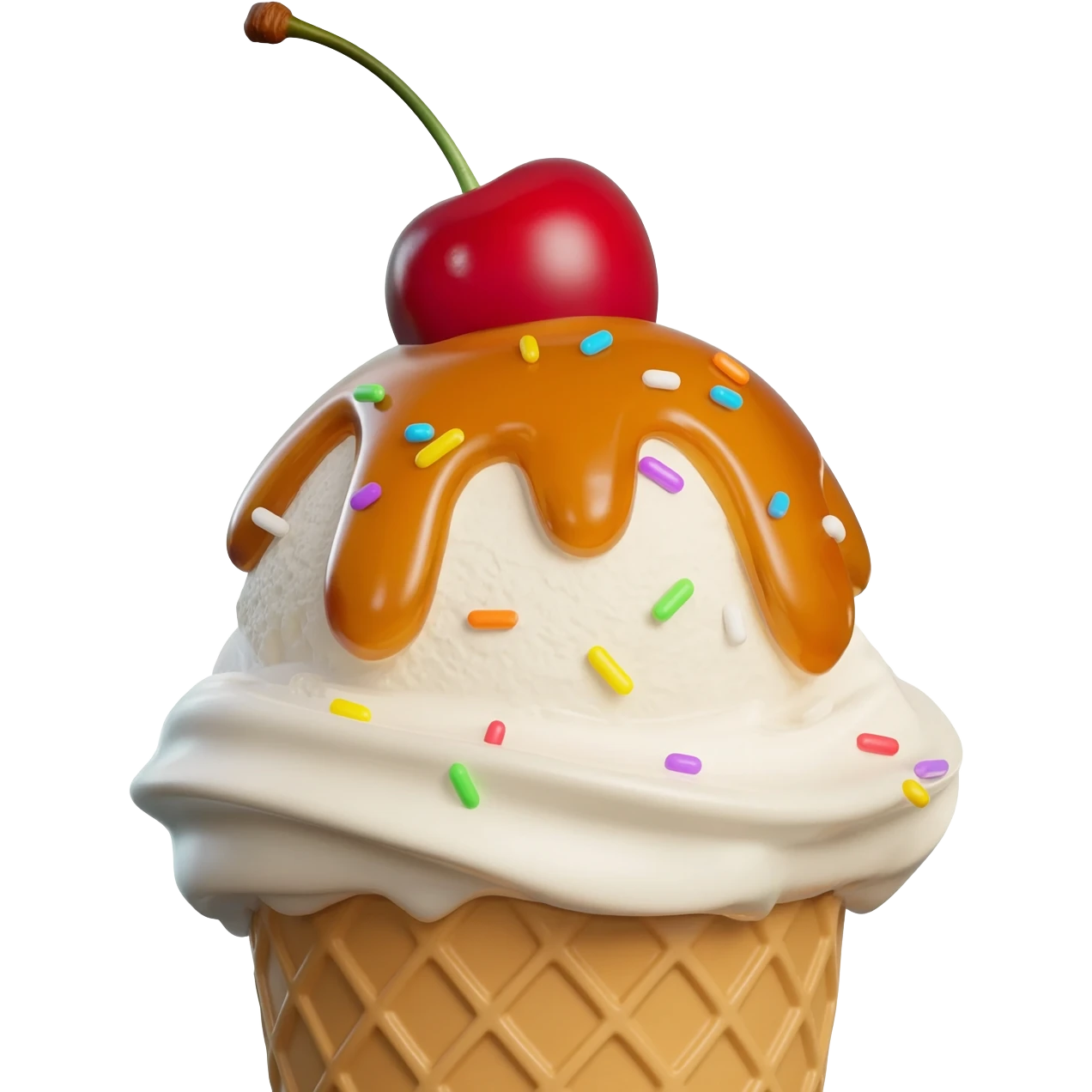 Hyperrealistic ice-cream sundae with caramel sauce, colorful and sparkly sprinkles,  with a cherry on top, extremely detailed, high quality, isolated, 3D rendering, 8k hd, 600 dpi. No emoji icons, no emoji faces, no human figures  emoji