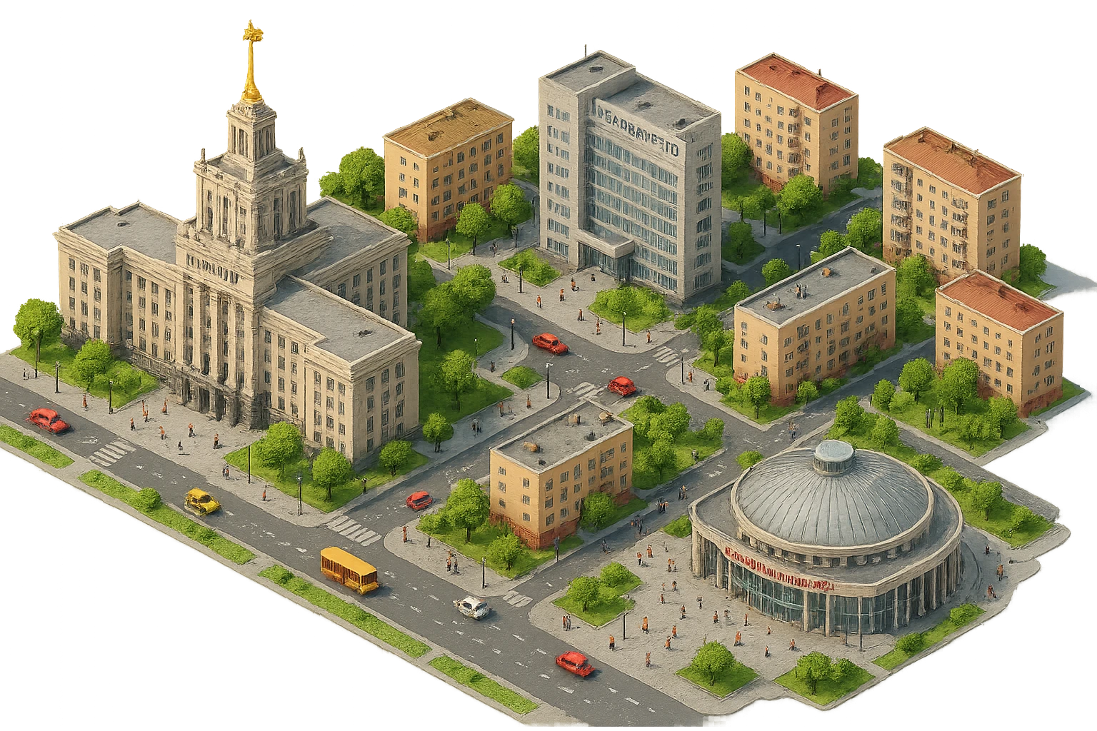 Изометричная чёткая миниатюрная фотореалистичная 3D модель панорамы Челябинска — НИУ ЮУрГУ, Здание управления Челябэнерго, Челябинский цирк, дома, люди, автотранспорт. Вид сверху в изометрии, яркие цвета, прозрачный фон, компактная композиция. emoji