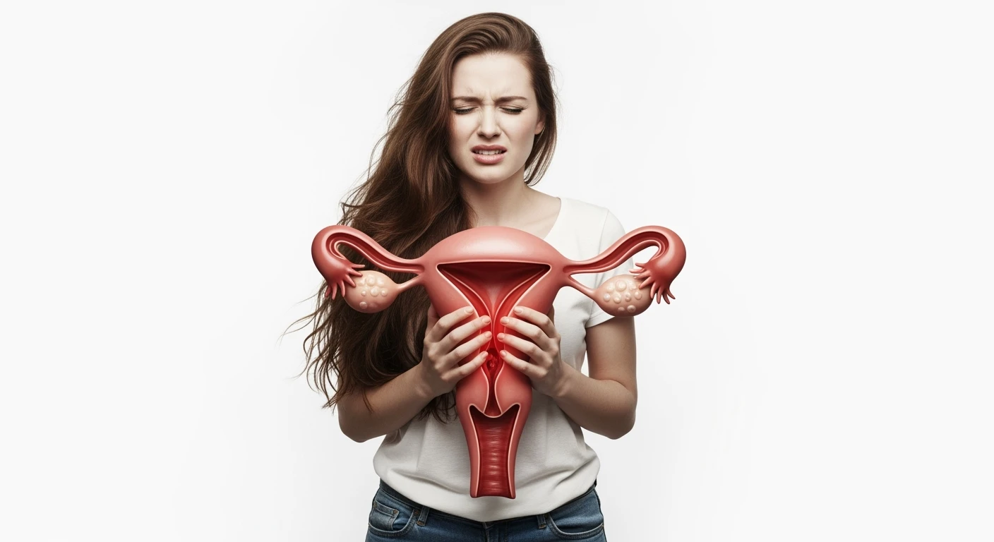 donna a figura intera con utero umano realistico in 3d in evidenza dolorante, espressione di dolore in volto, sfondo bianco, non farla computerizzata, ma iperrealistica 4k, sfondo bianco emoji