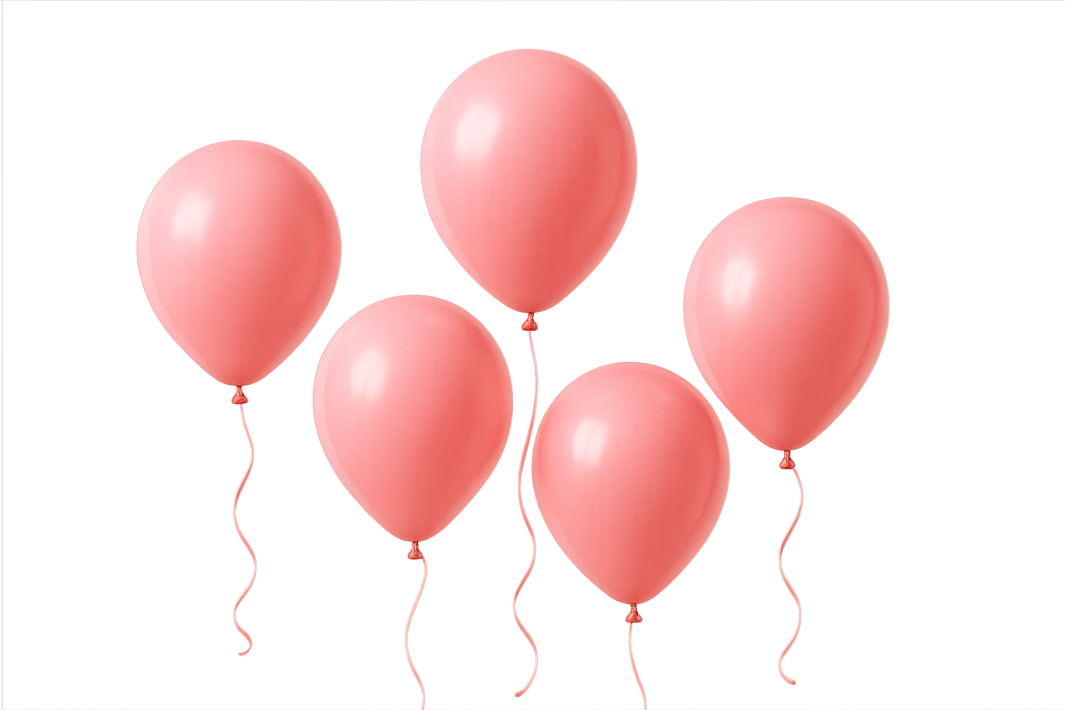 5 palloncini rosa fluttuano in aria isolati su sfondo bianco, iperrealistico 4k emoji