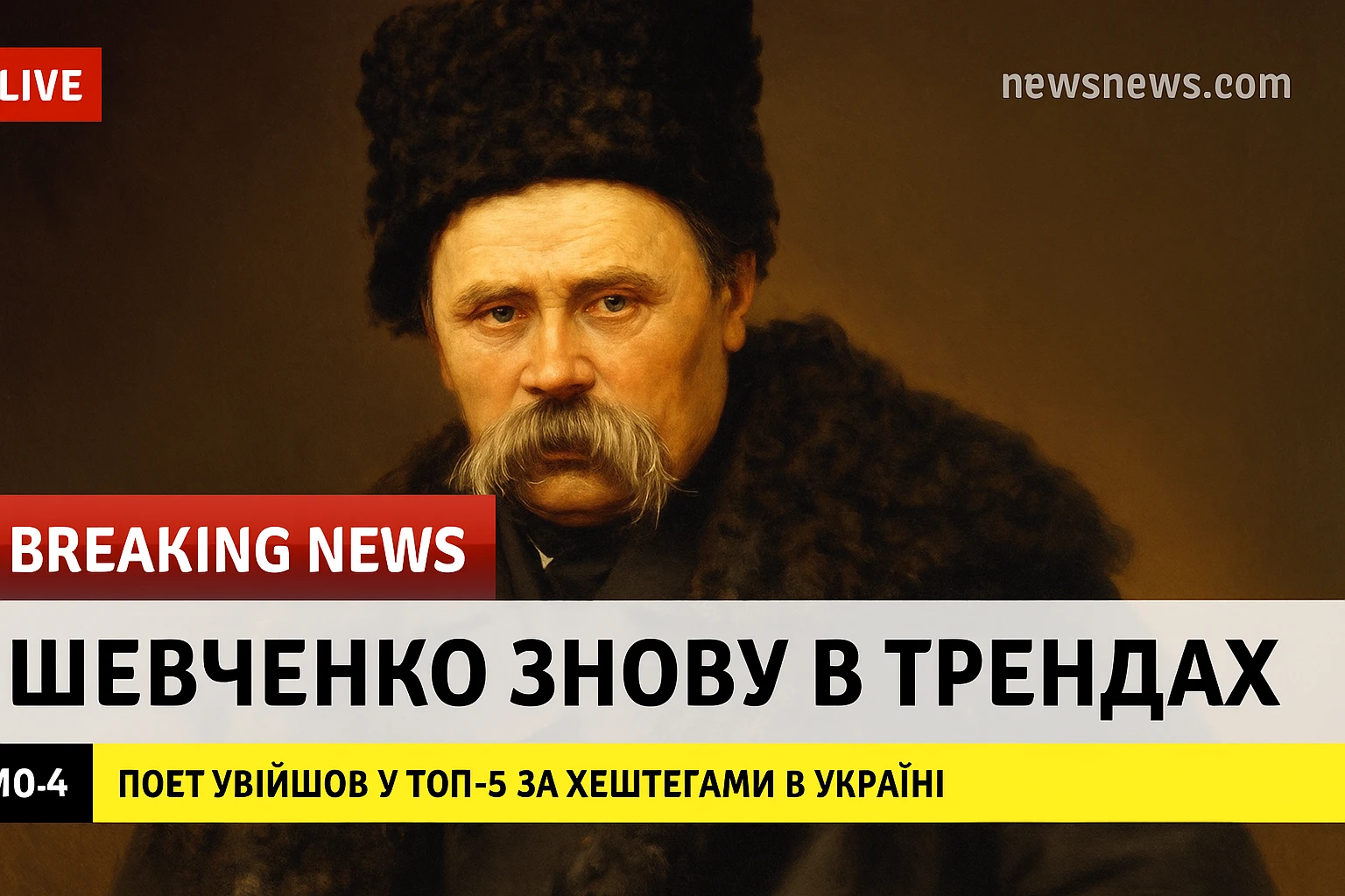A realistic screenshot of a television news broadcast with an emergency report about Ukrainian poet Taras Shevchenko.
A downloaded image was used in the composition.
In the lower third of the screen, the headline "Шевченко знову в трендах" is displayed in large bold font,
and below it is a concise news ticker with the text "Поет увійшов у ТОП-5 за хештегами в Україні",
which provides brief updates.
The colour palette is clear and professional, with contrasting tones
characteristic of authoritative news channels.
The entire scene conveys the urgency and drama inherent in live news broadcasts. emoji