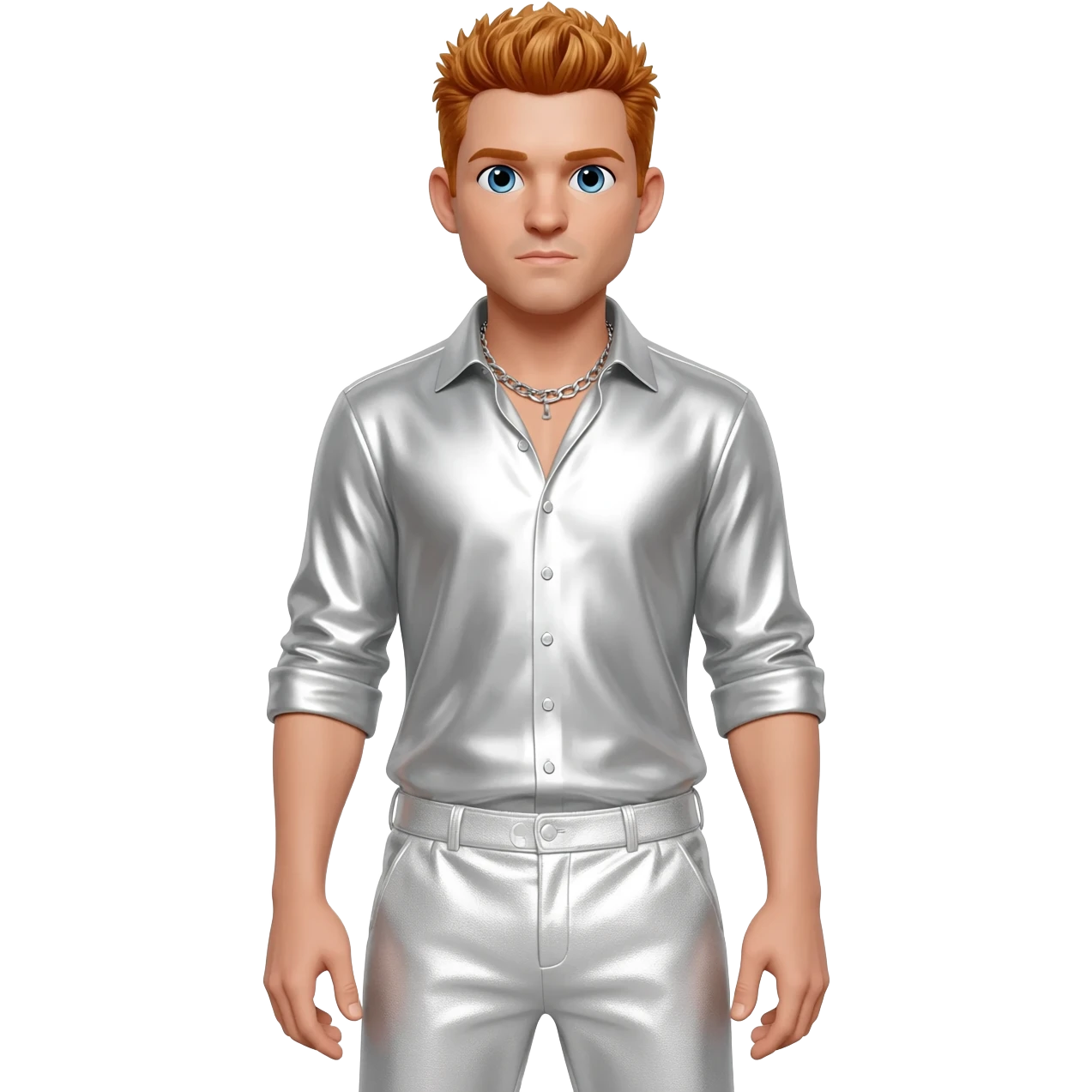 Brian Littrell from Backstreet Boys with blue eyes, reddish blonde hair, white metallic shirt, white metallic baggy pants, silver necklace emoji