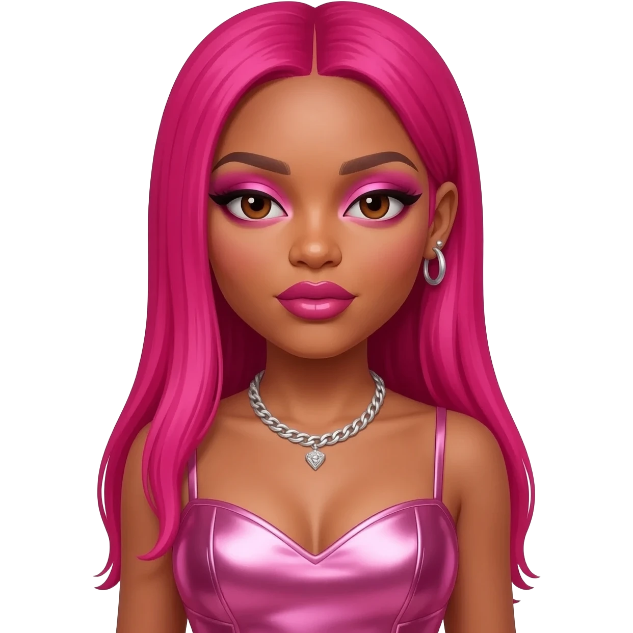 Doja Cat with brown eyes, long hot pink hair, pink eyeshadow and lipstick, pink metallic sweetheart dress, silver necklace and earrings emoji