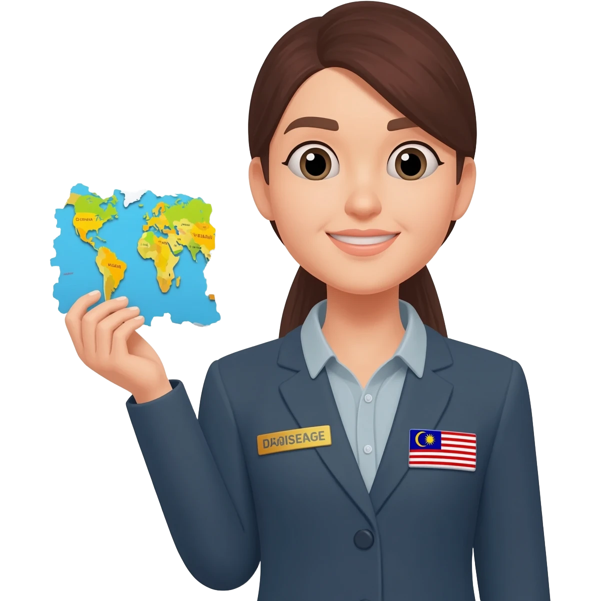 Female Malaysian Tourist Guide with Badge hold Small piece of World Map emoji