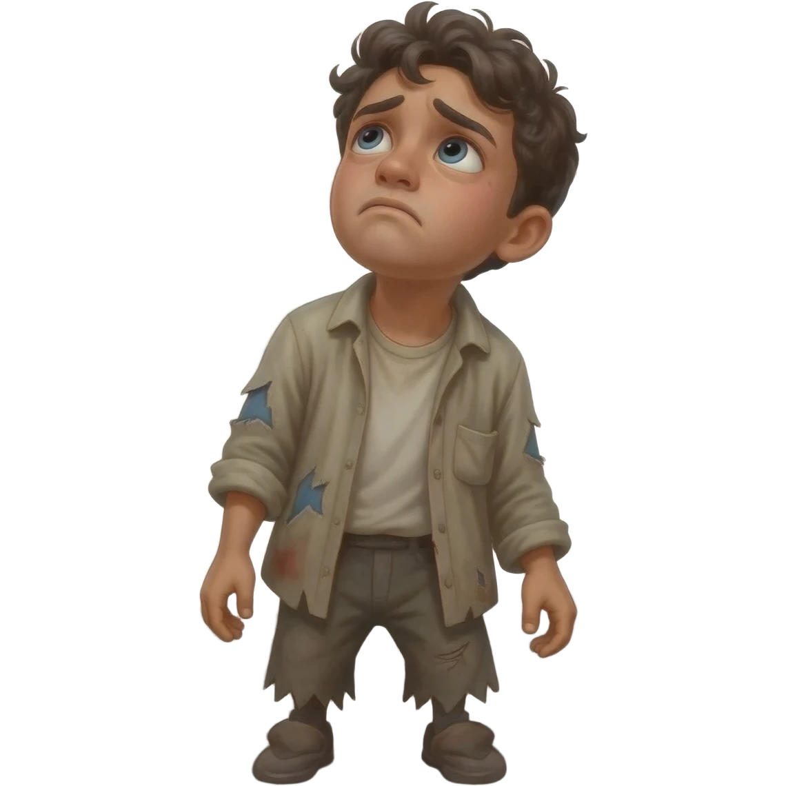 парень смортит на небо с надеждой  в рваной одежде растроенный и одинокий  стоит на асфальте  ,  времена древнего иерусалима emoji