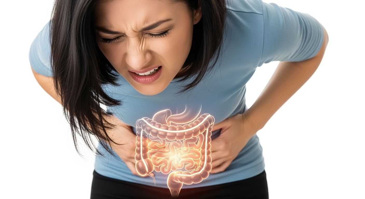donna piegata in avanti frontalmente con mal di pancia, espressione di dolore in volto in primo piano e intestino anatomico in evidenza, iperrealistico 4k, sfondo bianco emoji