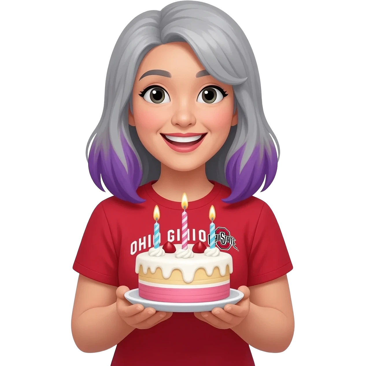 Asian Jewish woman with unique gray and purple hair wearing Ohio state shirt happy y birthday emoji