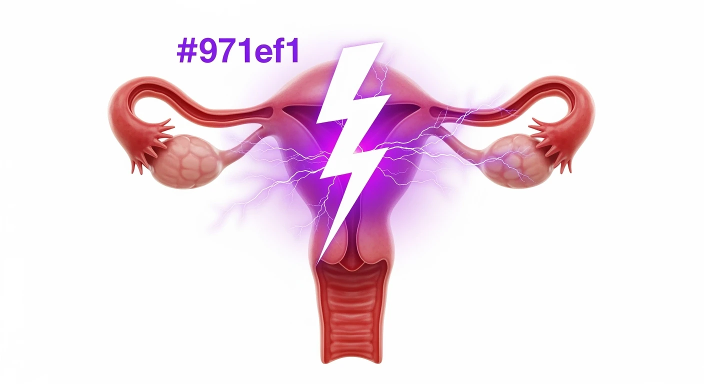 utero umano anatomico iperrealistico con fulmine di dolore sopra con questo colore: #971ef1, isolato su sfondo bianco, iperrealistico 4k emoji