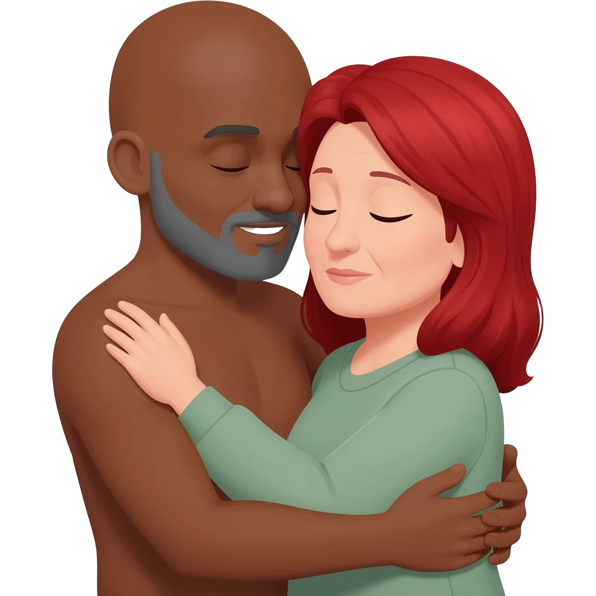 Baldheadeded black guy with gray goatee hugging white redheaded mature woman emoji