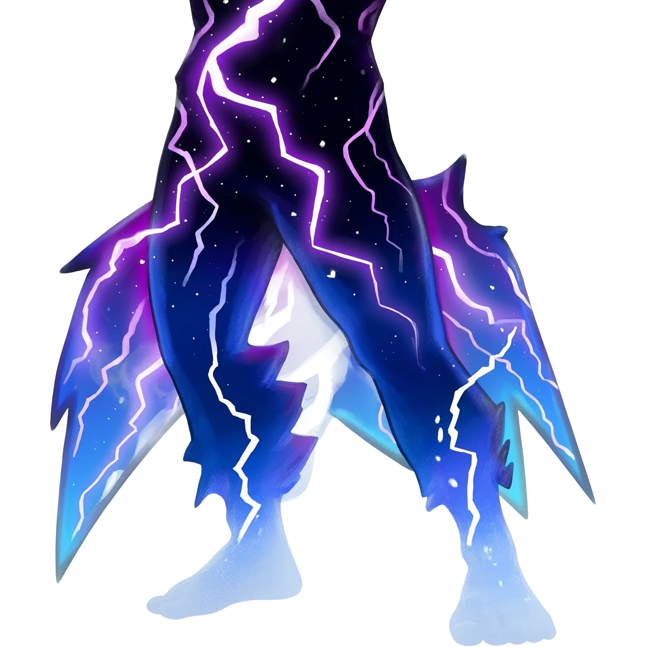 starry sparky fizzy Black-Dark-Vortexed Lightning-strike-zig-zag-patterned striking indigo-violet-blue-cyan-gradiented with dark undertones, white underside, thunderous stormy edgy badass realistic Vernid-Sergal-Genet-Trico-species by LiLaiRa, full body emoji
