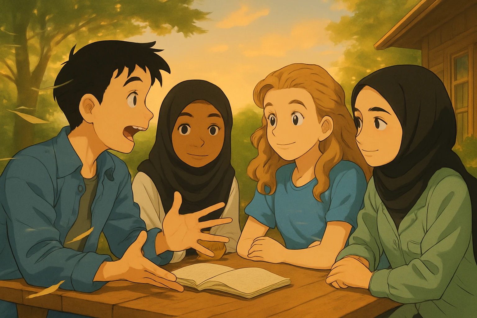 Continuation of the image: The boy is speaking, the three others are listening. The wind is blowing, visible in the hair, clothes, and pages of the book. Keep the faces very close to the original, same setting, outdoor ambiance, evening light. emoji