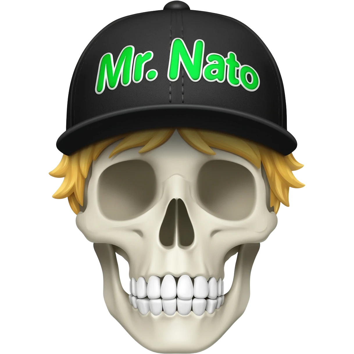 Create a skeleton head wearing a black baseball cap that says " Mr. Nato " in green, and white lettering, with blonde hair emoji