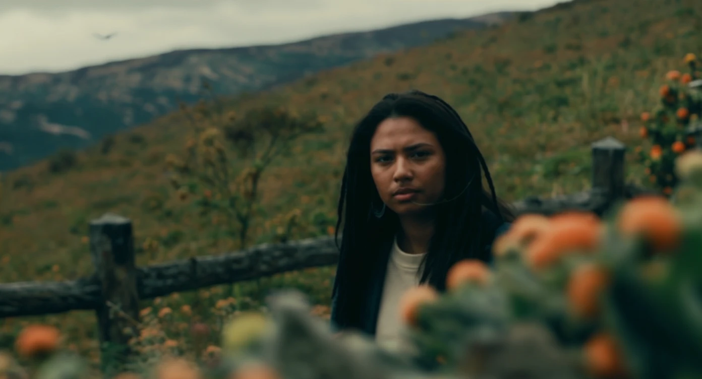 A portrait of a person in the foreground, blurred plants in the foreground (close to the camera), a wooden fence in the midground, rolling hills in the background, cinematic depth of field, layered composition, natural lighting emoji