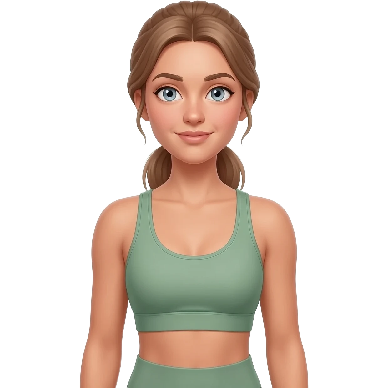 fair-skinned woman, light gray-blue eyes, ash brown brows, ash light brown hair tied back, slim athletic body, sage green workout set, gentle shoulder rolls, easy warm-up emoji