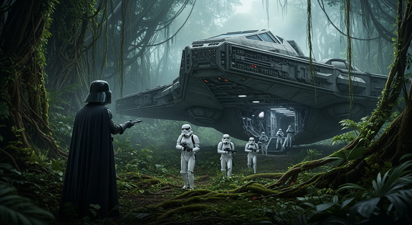 cinematic still, Medium shot, amazon jungle, Darth Vader around stormtroopers coming out from starship on ground, they are exploring the jungle, inspired by StarWars movie, captured by arri alexa emoji