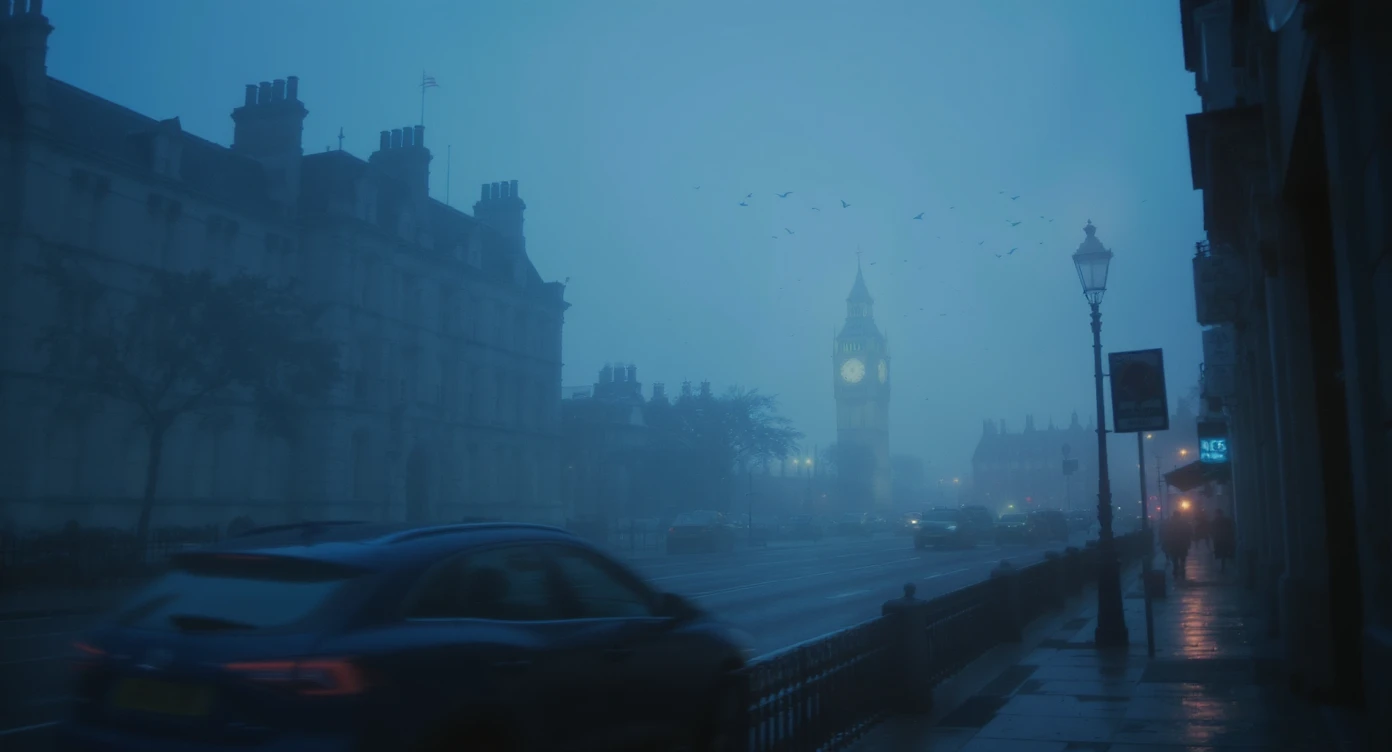 Cinematic shot of a london street, cloudy foggy day, soft light, car flying, leading lines to big ben in distance, multi composition, in foreground blurred car, on second street around UK bulding, od another plan in distance big ben, birds flying, artistic look, captured on arri alexa 35, blue hour emoji