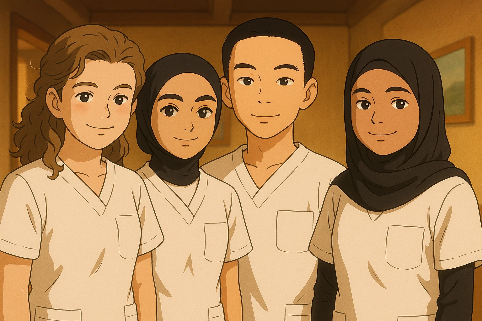 Four nursing students side by side in a warm indoor setting, wearing white medical uniforms with short sleeves, V-neck collars, and left chest pockets. No undershirts or medical accessories. Variations in pose and expression, friendly and warm atmosphere, Ghibli style. emoji