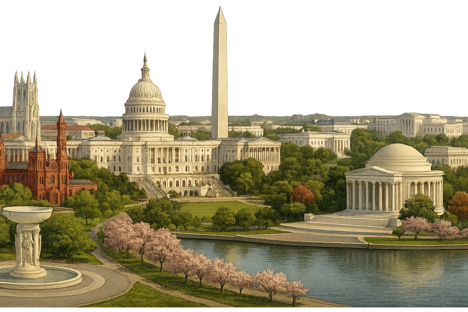 cinematic realistic emoji of Washington DC, panoramic cityscape with US Capitol, Washington Monument, Lincoln Memorial, Jefferson Memorial, White House, Smithsonian Castle, National Cathedral, Supreme Court, Tidal Basin with cherry blossoms, Dupont Circle Fountain, lifelike detail, accurate colors, bright daylight, no sky, no clouds, no text, transparent background emoji