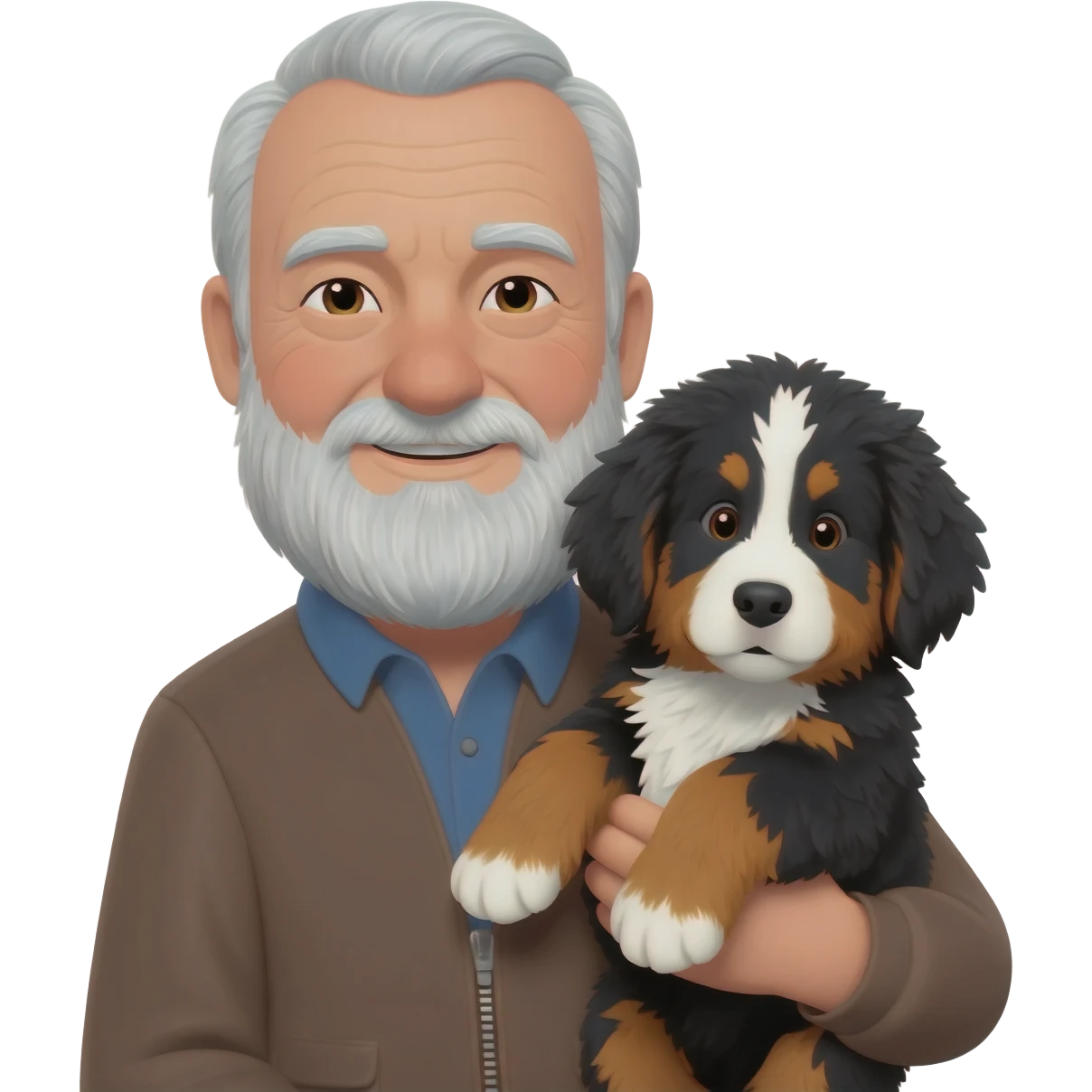 old gentle man holding a bernese mountain dog puppy emoji