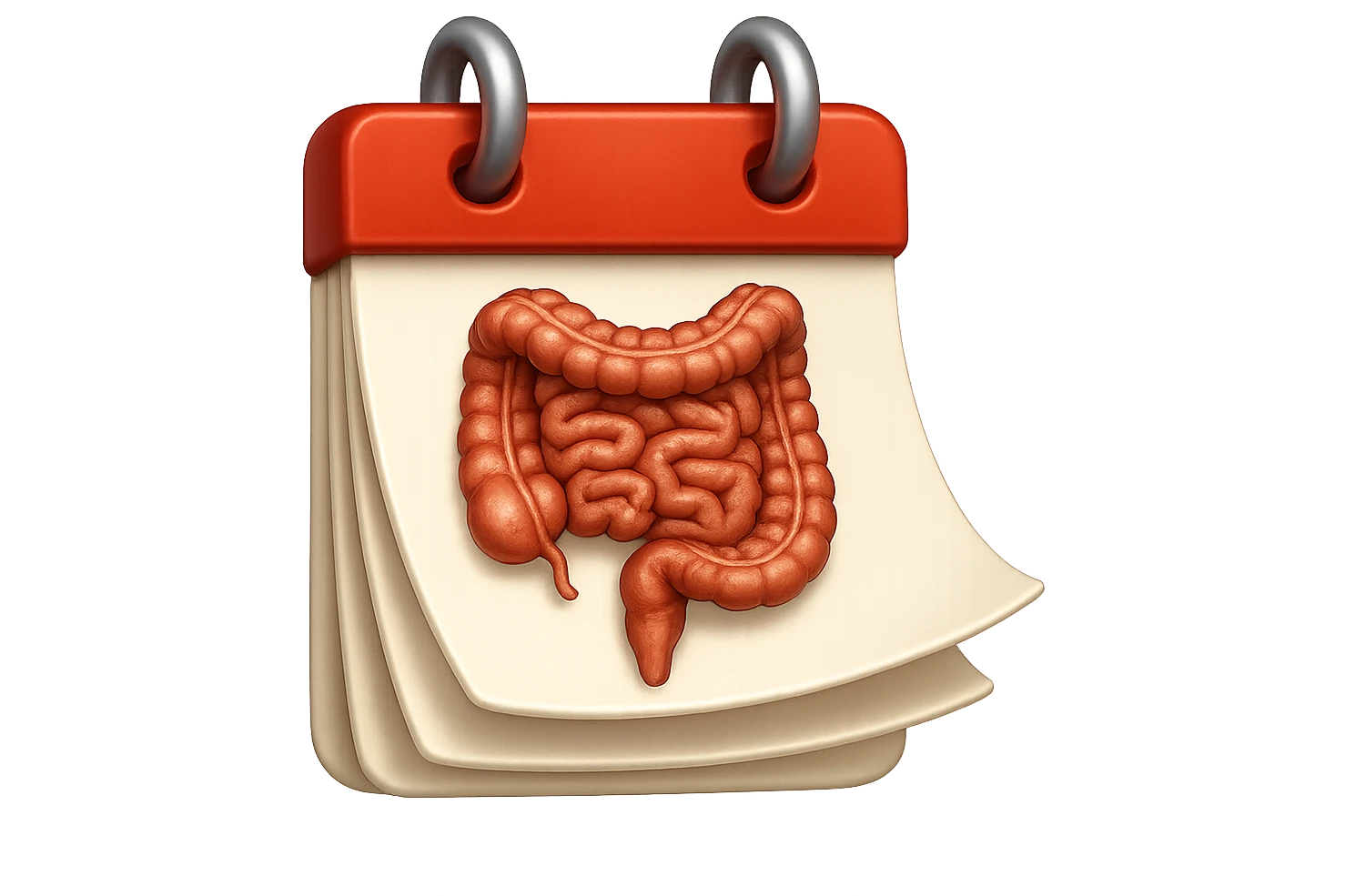 emoji stile iphone di un calendario con fogli che volano insieme, sui fogli ci sono disegnati degli intestini anatomici, iperrealistico 4k, isolato su sfondo bianco emoji
