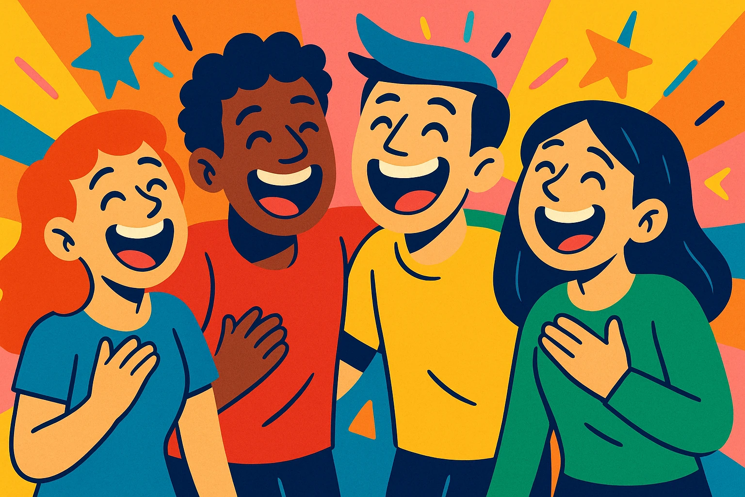 a group of friends laughing together, vibrant cartoon style, colorful, joyful, expressive faces emoji