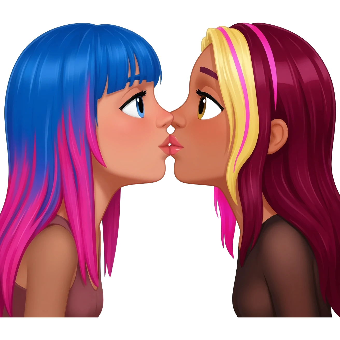 femme lesbians kissing, both white, one has long blue and pink hair, the other has long burgundy hair with streaks of blonde and pink at the front emoji