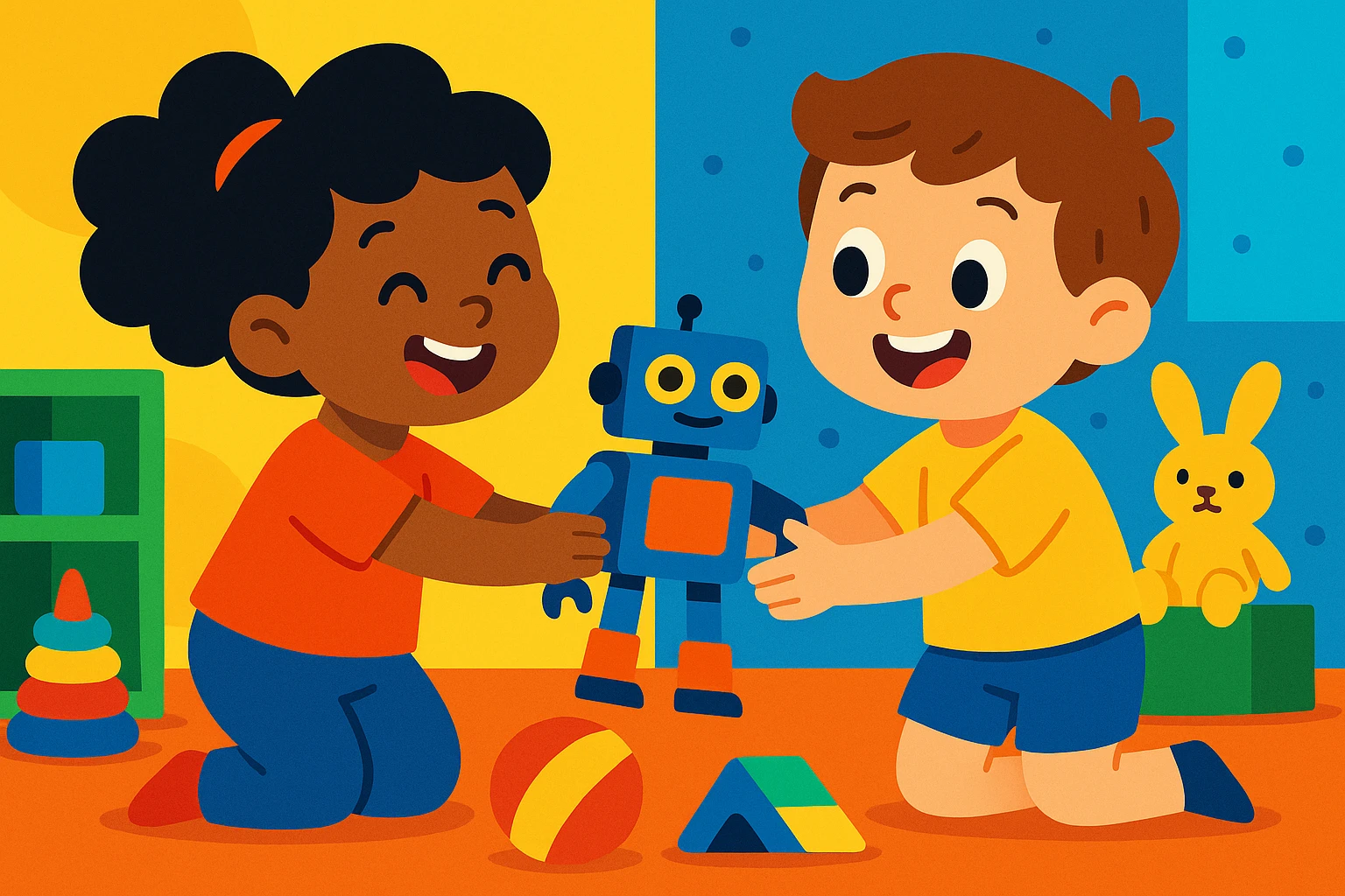 a child sharing toys with another child, etiquette theme, vibrant toon style emoji