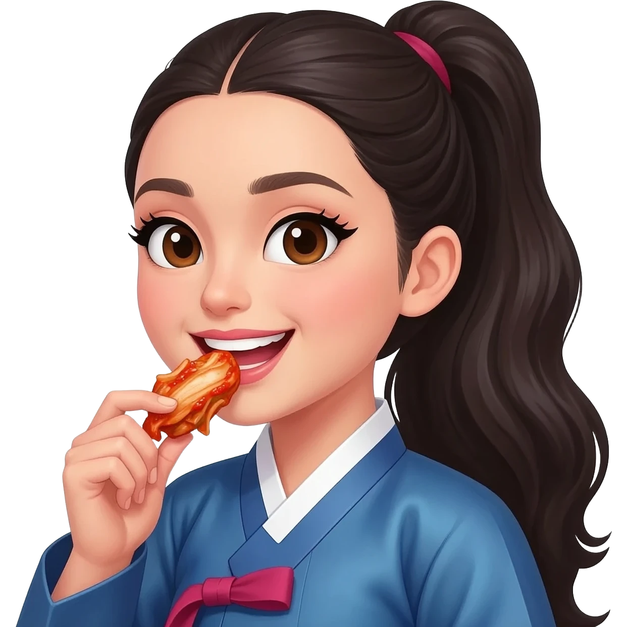 Hanbock brunette european eyes woman smiling with eyeliner and black long hair ponytail eat kimchi emoji