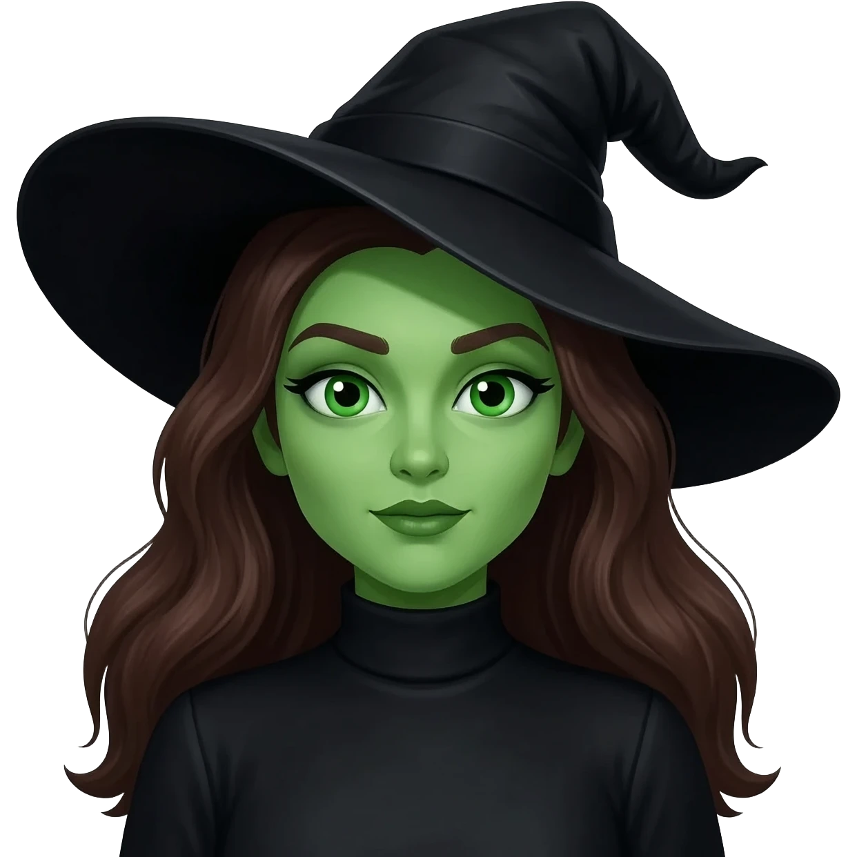 The Wicked Witch from The Land of Oz with green eyes, green skin, long dark brown hair, black turtlneck dress, black witch hat emoji