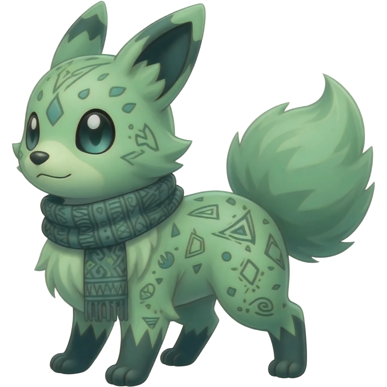 Rare epic greenish exotic cool creepy epic aesthetic gothic Salandit-Eevee-Tanuki-Civet-species-Fakemon-hybrid-creature, with a scarfie, and with intricate random markings, full body emoji