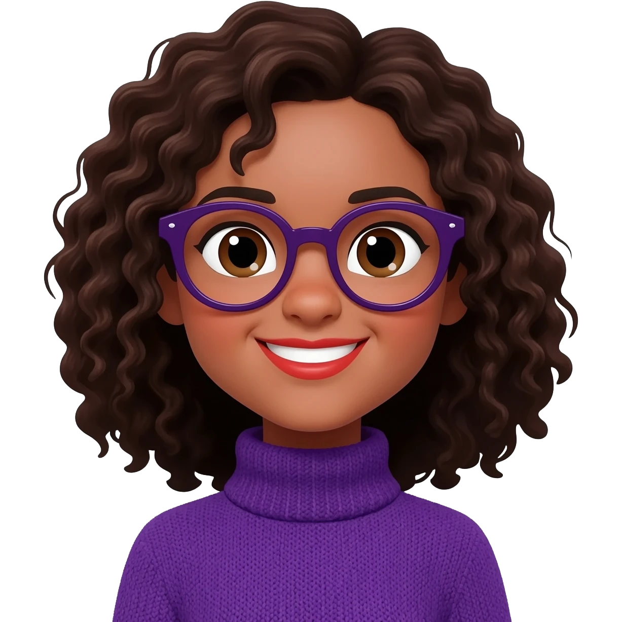 medium fair-skinned girl with brownish black eyes, roundish ovalish dark purple glasses, curly dark brown hair, purple turtle neck sweater, smiley red lips emoji