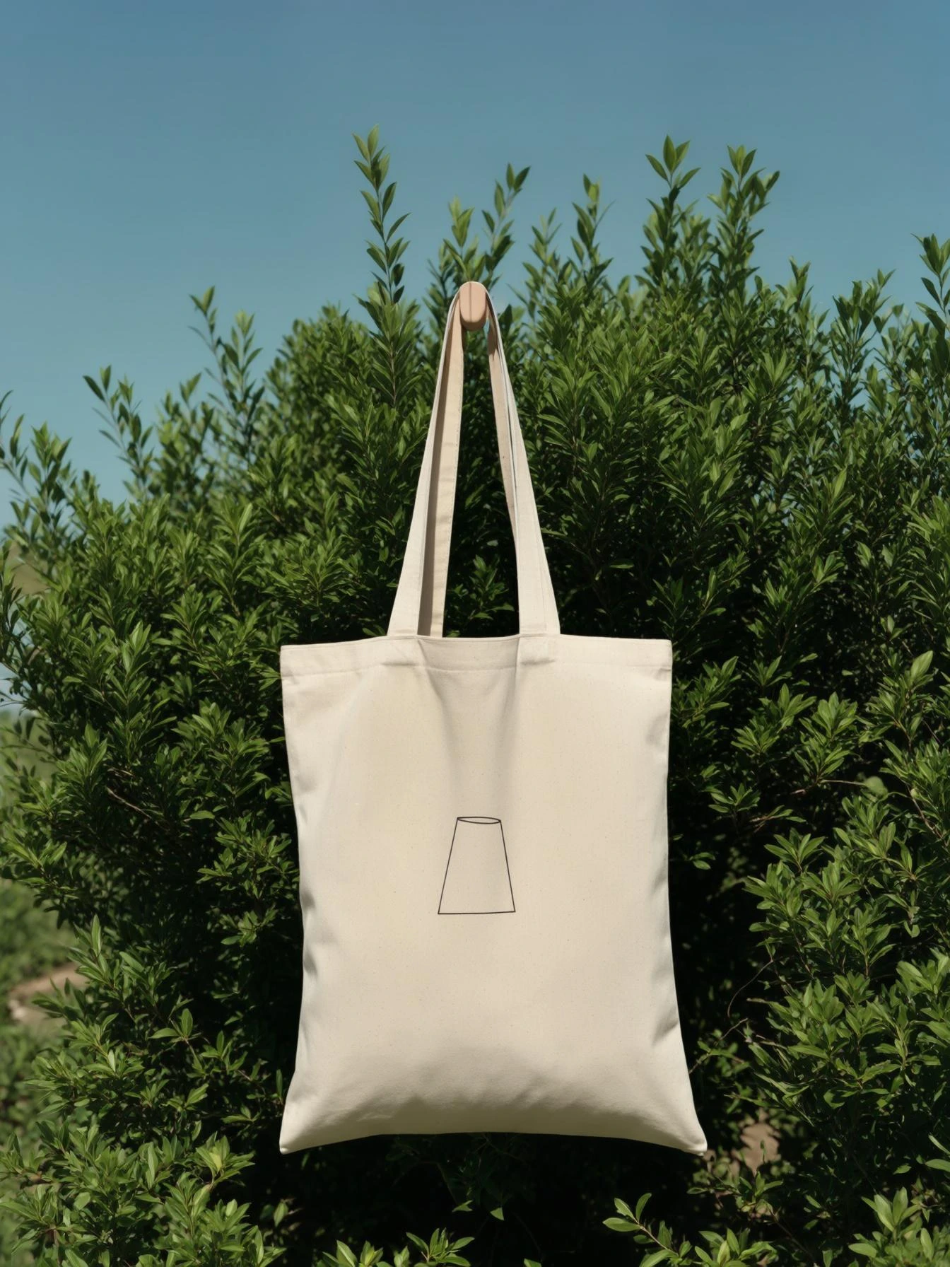 High-resolution mockup of a minimalist canvas tote bag, placed perfectly centered on the canvas. The tote bag is made of natural cotton fabric, light beige color, with a simple and elegant look. Background features a deep green organic bush, clean blue sky above, bright daylight, emoji