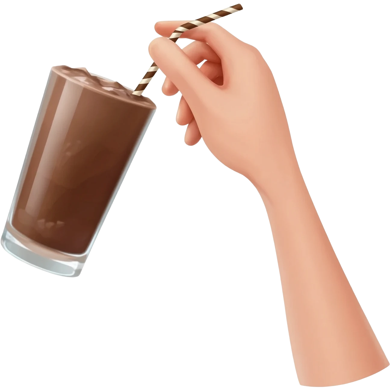 chocolat froid dans un grand verre avec une paille tenue par une jolie main de femme Style Pinterest réaliste emoji
