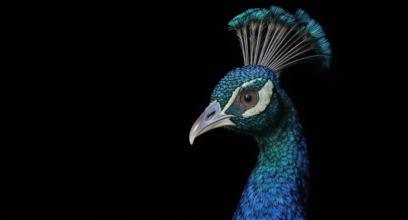a stunning close-up of a peacock with vibrant blue feathers and a delicate feather crown, set against a dark background. emoji