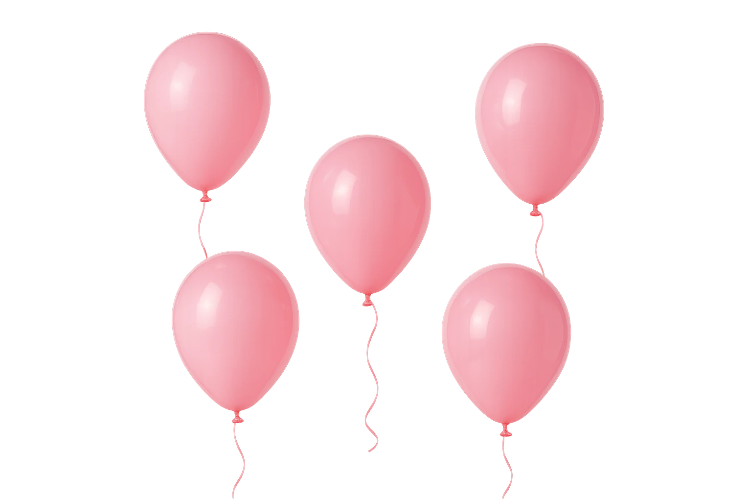 5 palloncini rosa fluttuano in aria isolati su sfondo bianco, iperrealistico 4k emoji