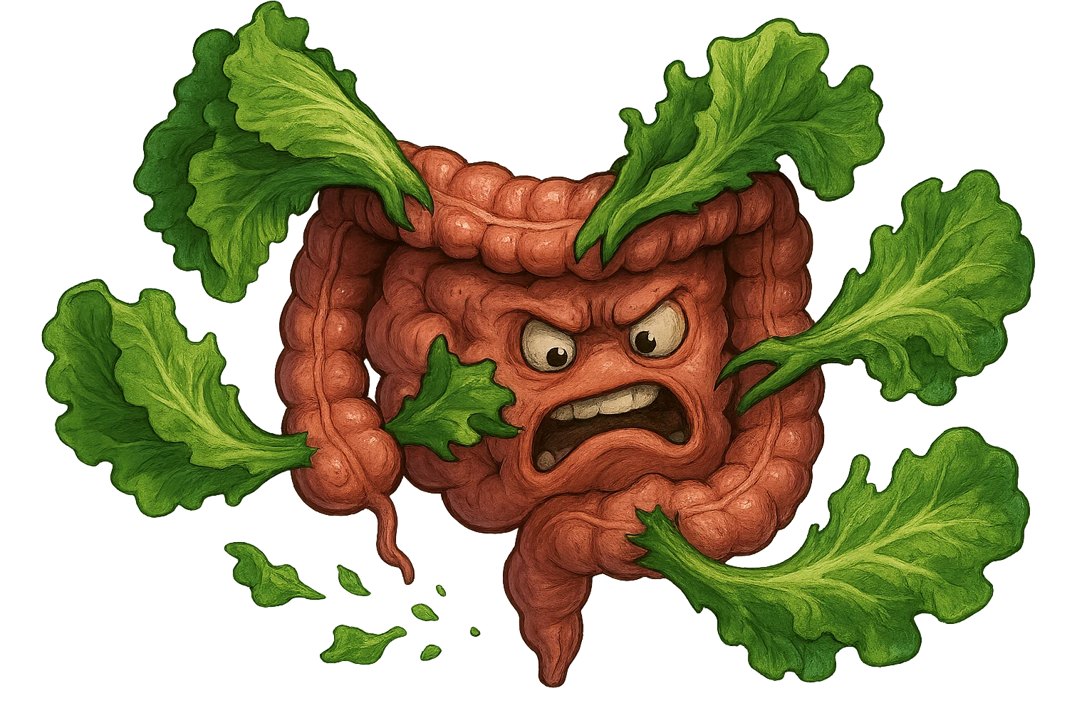 foglie di insalata che attaccano un intestino anatomico umano per distruggerlo emoji