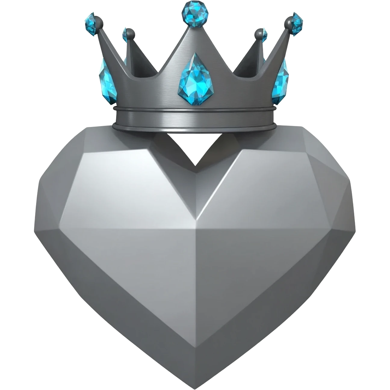Minimalist 3D emoji based on: a large, sharp geometric heart made of cold, grey brushed steel. Integrated at the top is a severe grey-graphite geometric crown; one large, sparkling light blue diamond is set precisely on each of its points. Soft, even lighting, isolated for sticker quality emoji