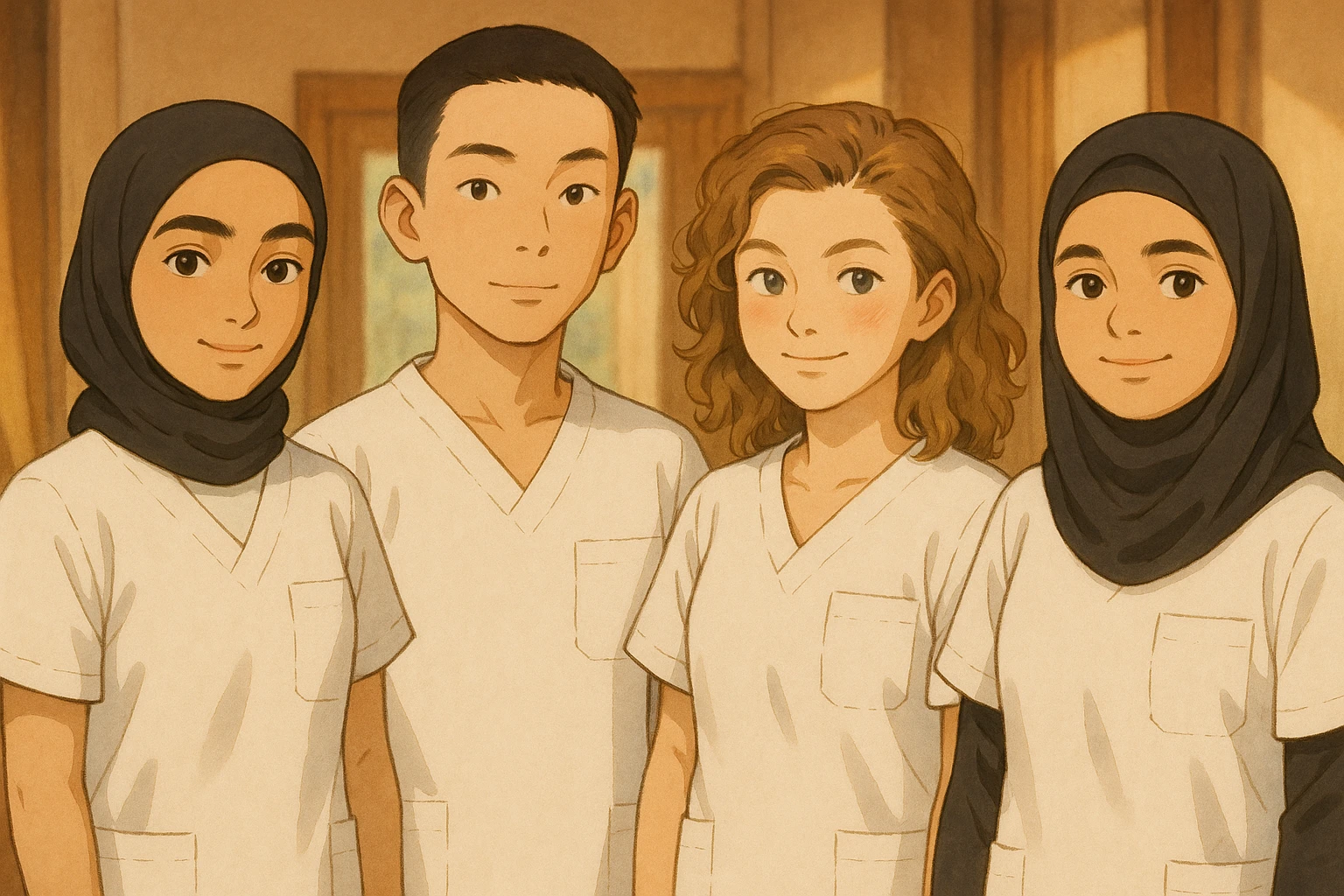 Four nursing students standing side by side in a warm indoor ambiance, wearing white short-sleeved uniform tops without collars or undershirts, forearms bare, no stethoscopes. The tops are medical tunics with V-necks and a chest pocket on the left side, in Ghibli style. emoji