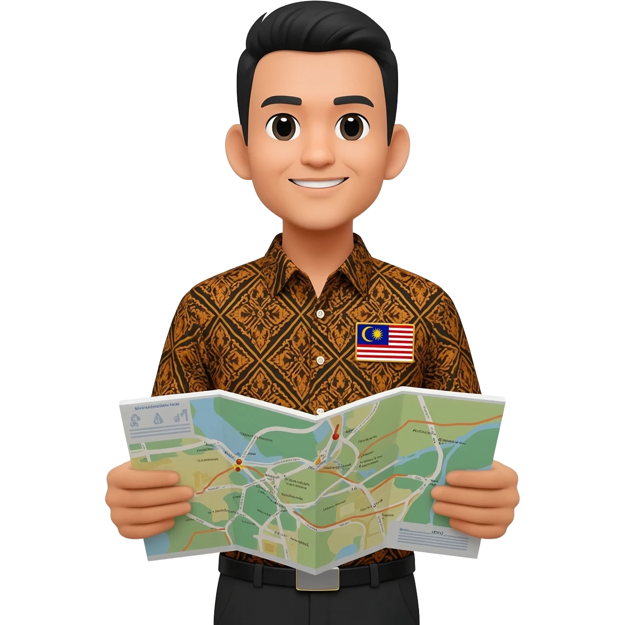 Male Malaysian Tourist Guide with Badge, Batik Clothes & hold a Map emoji