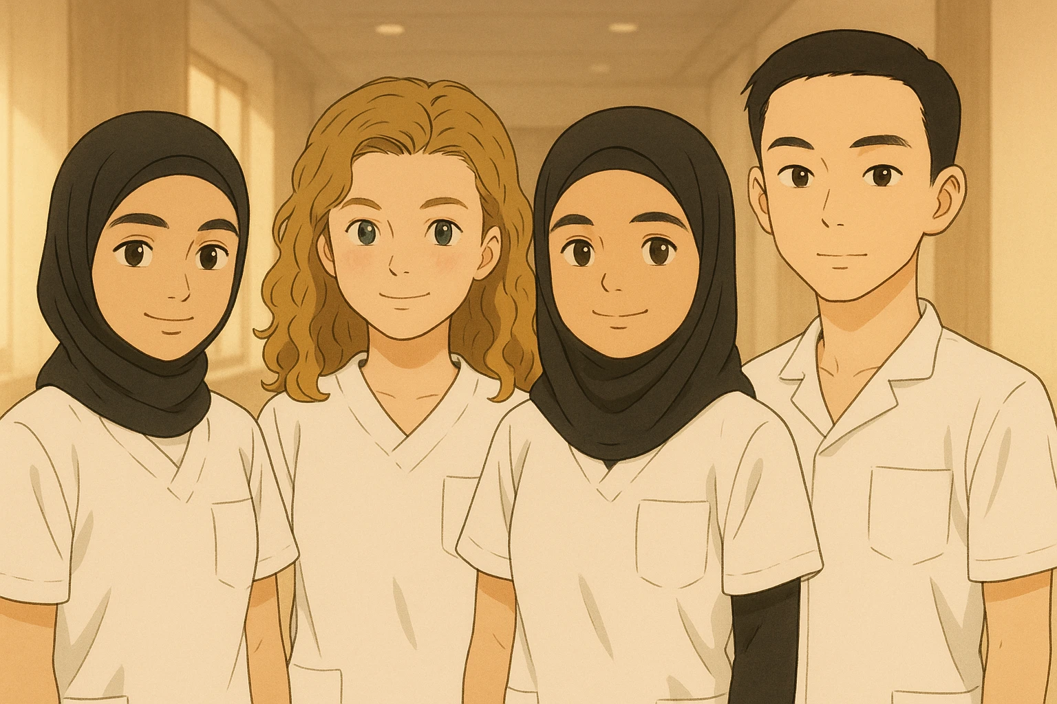 Four nursing students standing side by side indoors, each wearing a white short-sleeved uniform with a V-neck medical tunic, left chest pocket, no collar stand, no stethoscope, nothing protruding from the sleeves, soft ambiance, no feet visible. emoji
