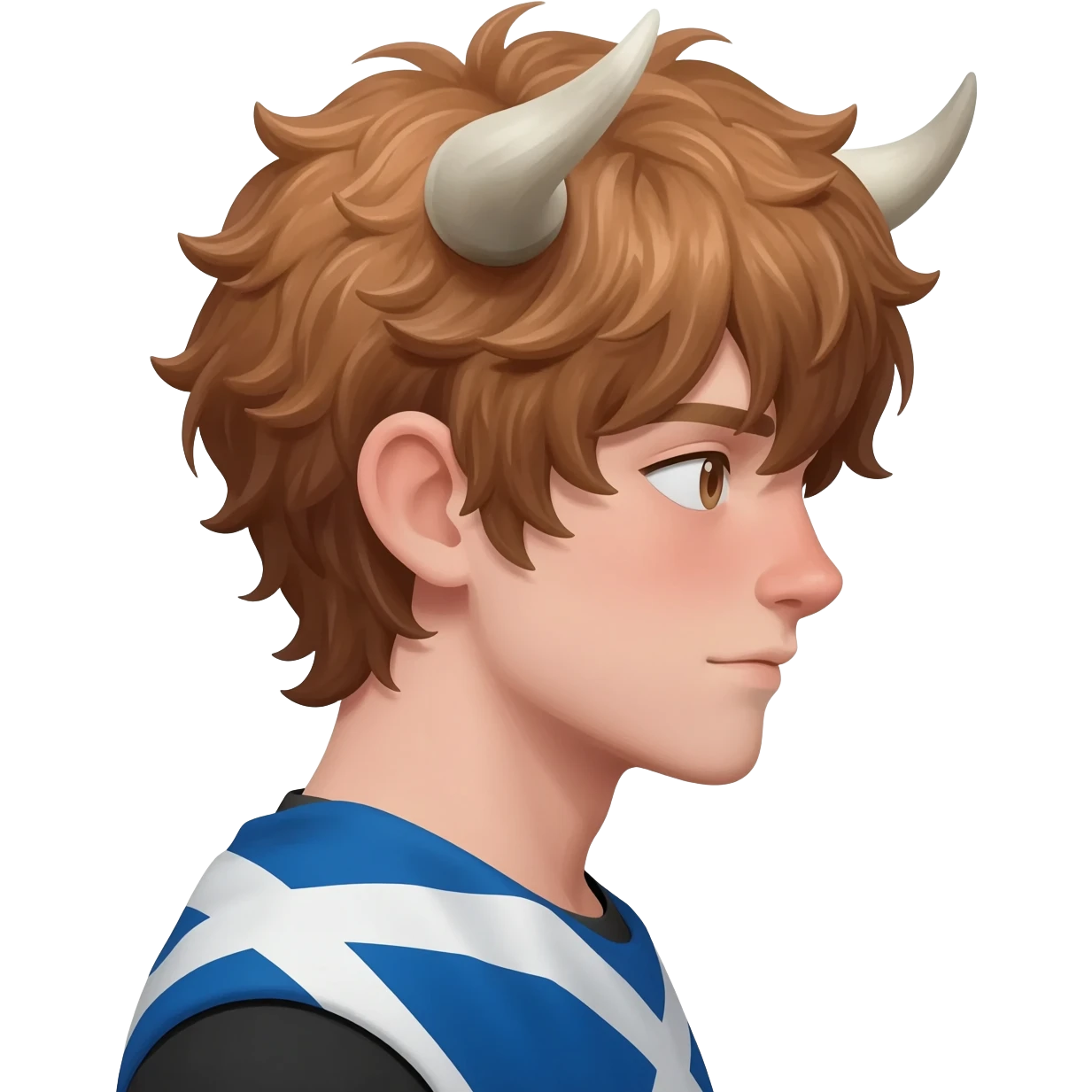 curly femboy without human ears with messy light brown bangs covering the eyes with bull horns and bull ears with scottish flag on his shoulders side view emoji
